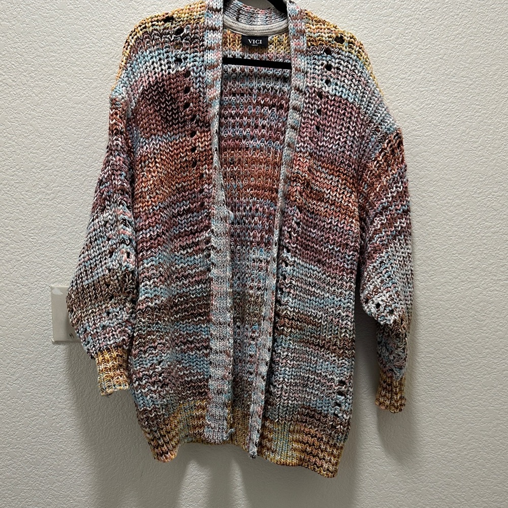 Vici Brown and Gray Cardigan Sweater with Textured Knit